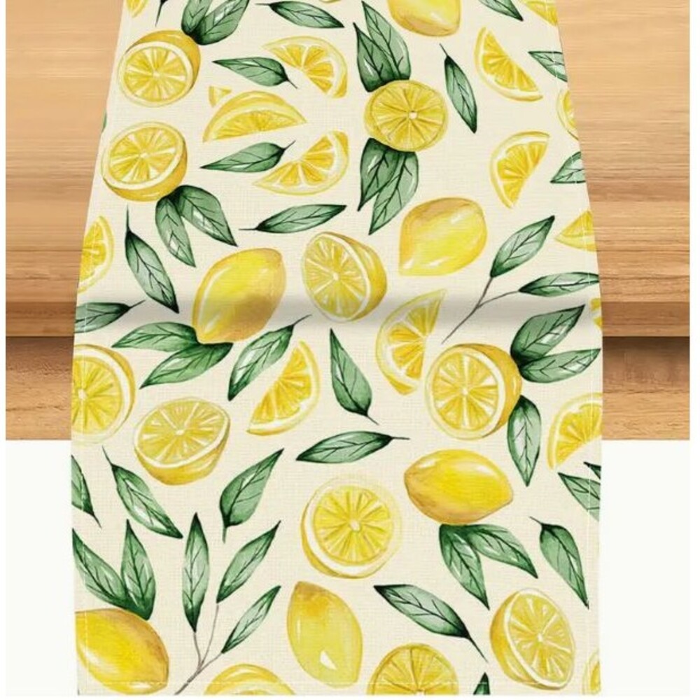 Table Runner 13x72in Woven Polyester Lemons Leaves Off-White